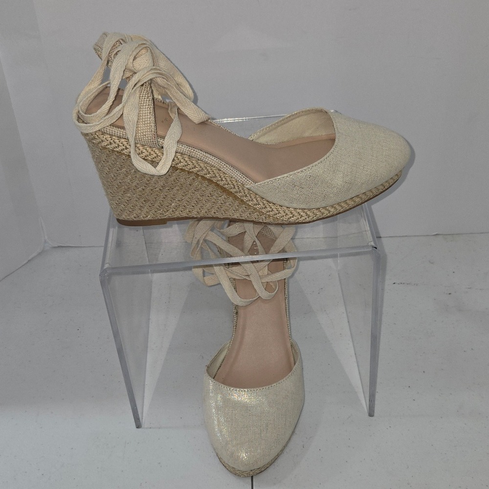 Kelly & Katie Hanah Beige Shimmer Espadrille Wedge Lace Up Sandals Womens 9.5